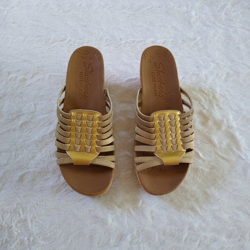 Skechers Brit Girl Wonder Strappy Gold Cork Wedge Sandals